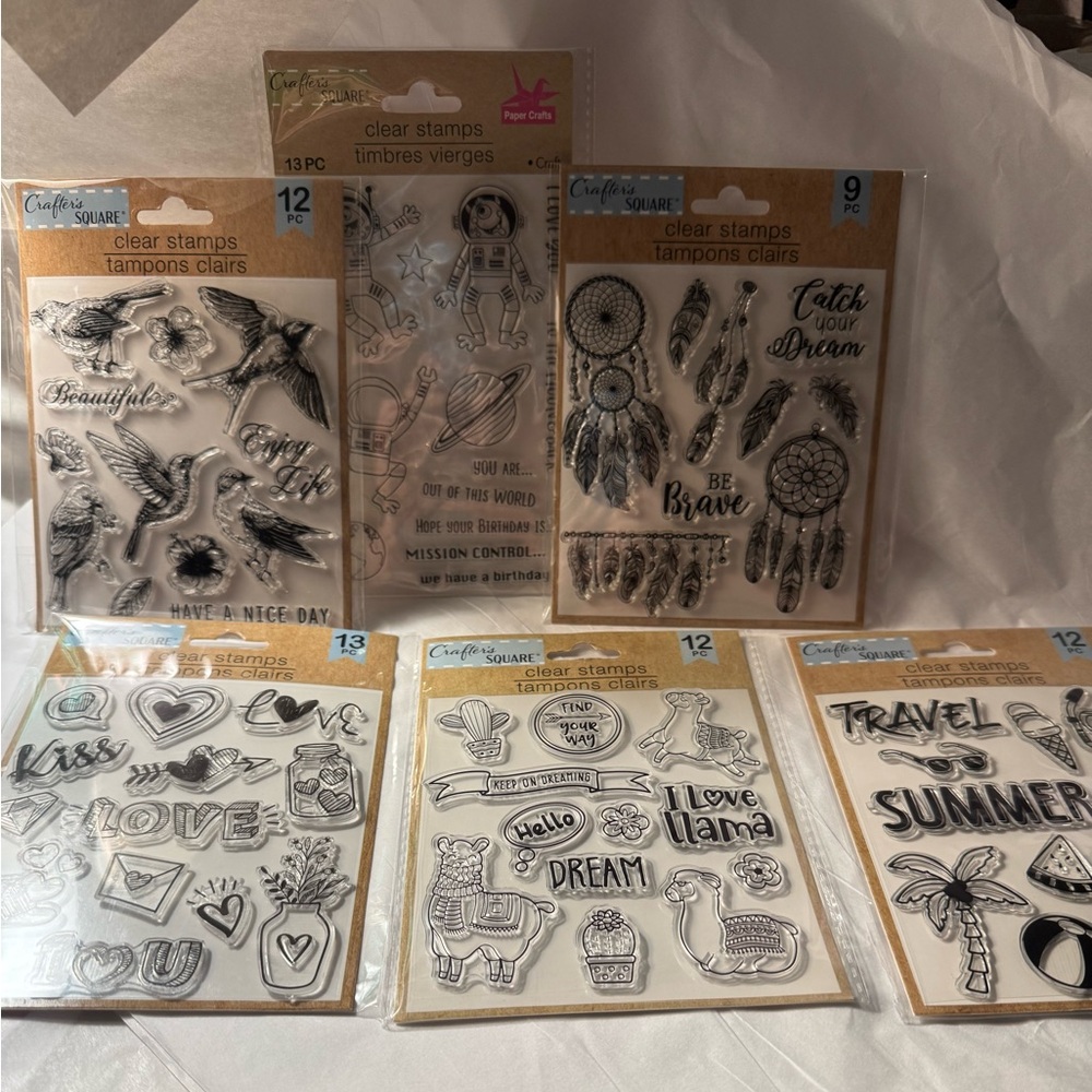 NIP Crafter's Square Lot of 6 Clear Stamp Sets-travel,love,birds,llama,heart …